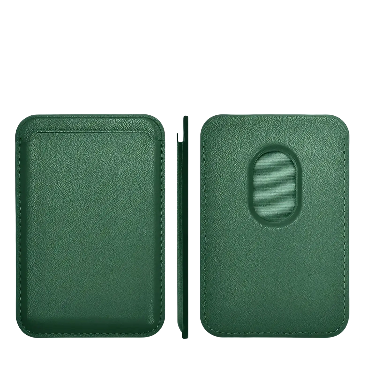 Dark green leather magnetic wallet phone case card holder showing back side with oval cutout and magnetic closure