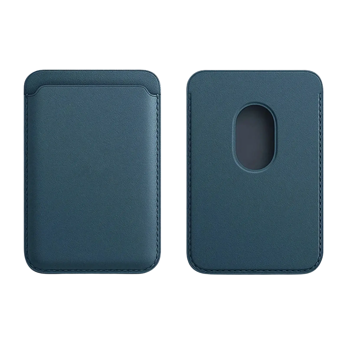 Dark teal leather magnetic wallet phone case card holder showing stitched edges and circular cutout on the back side