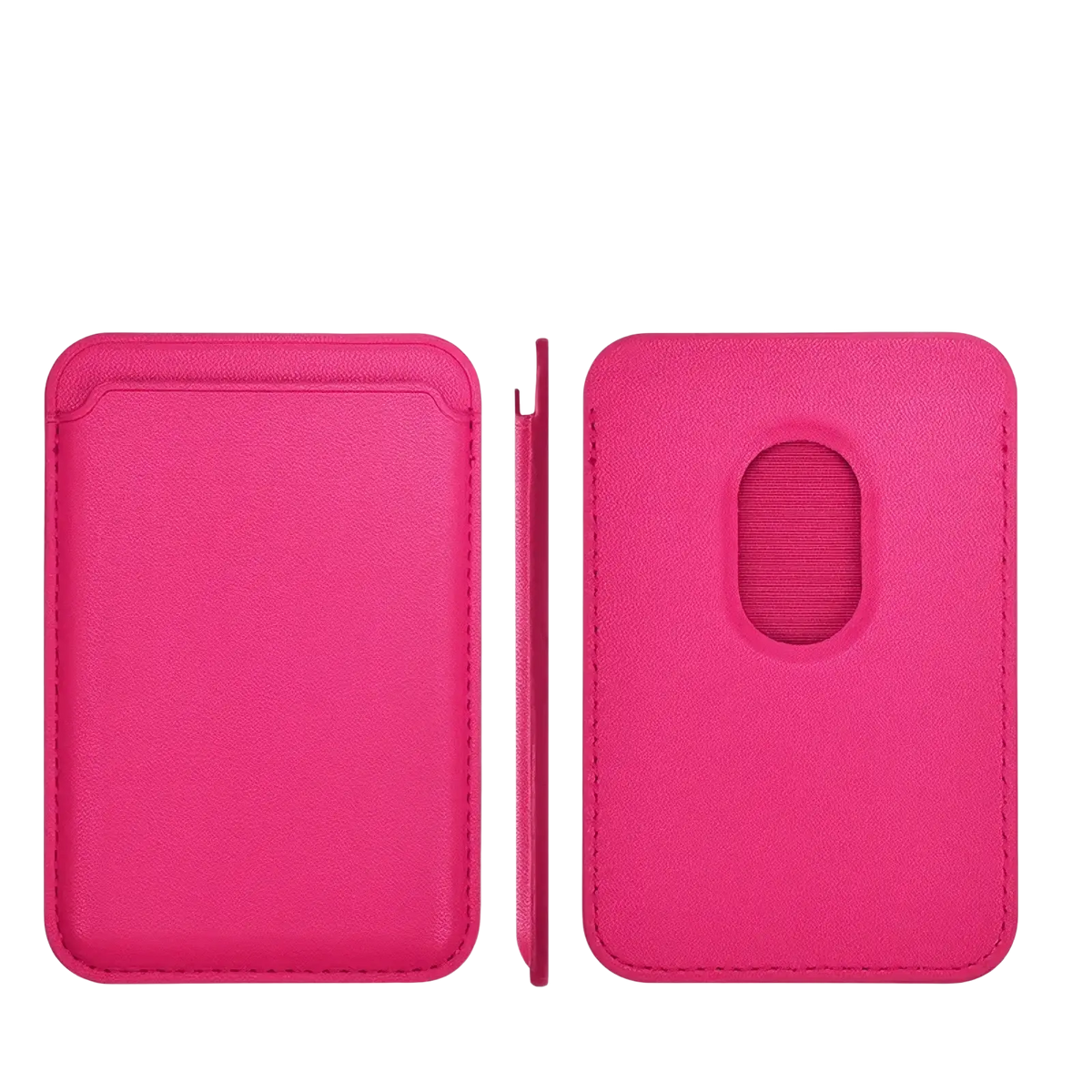 Pink leather card holder designed for magsafe magnetic wallets shown from the back side in magnetic leather wallet phone case card holder