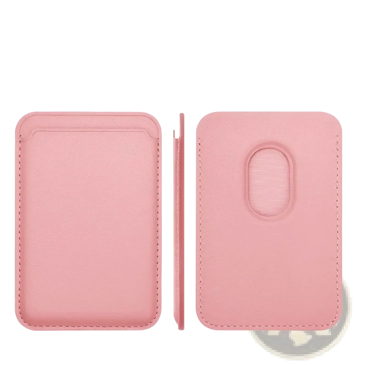Pink leather magnetic wallet phone case card holder showing the back with oval textured grip and closure flap