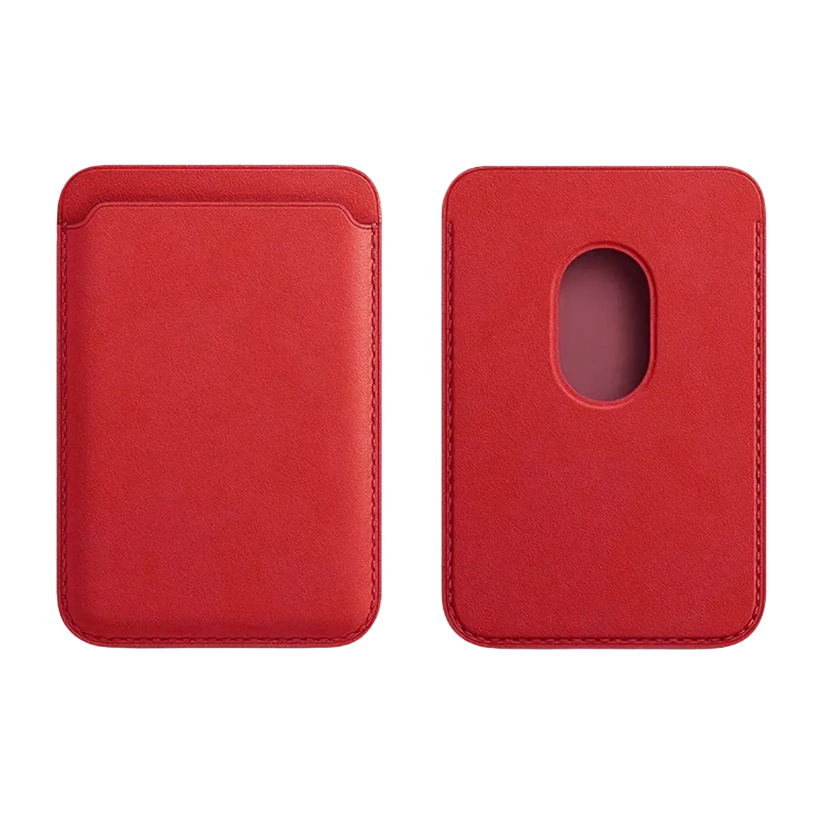 Red leather magnetic wallet phone case with an oval cutout for card storage shown from the back side