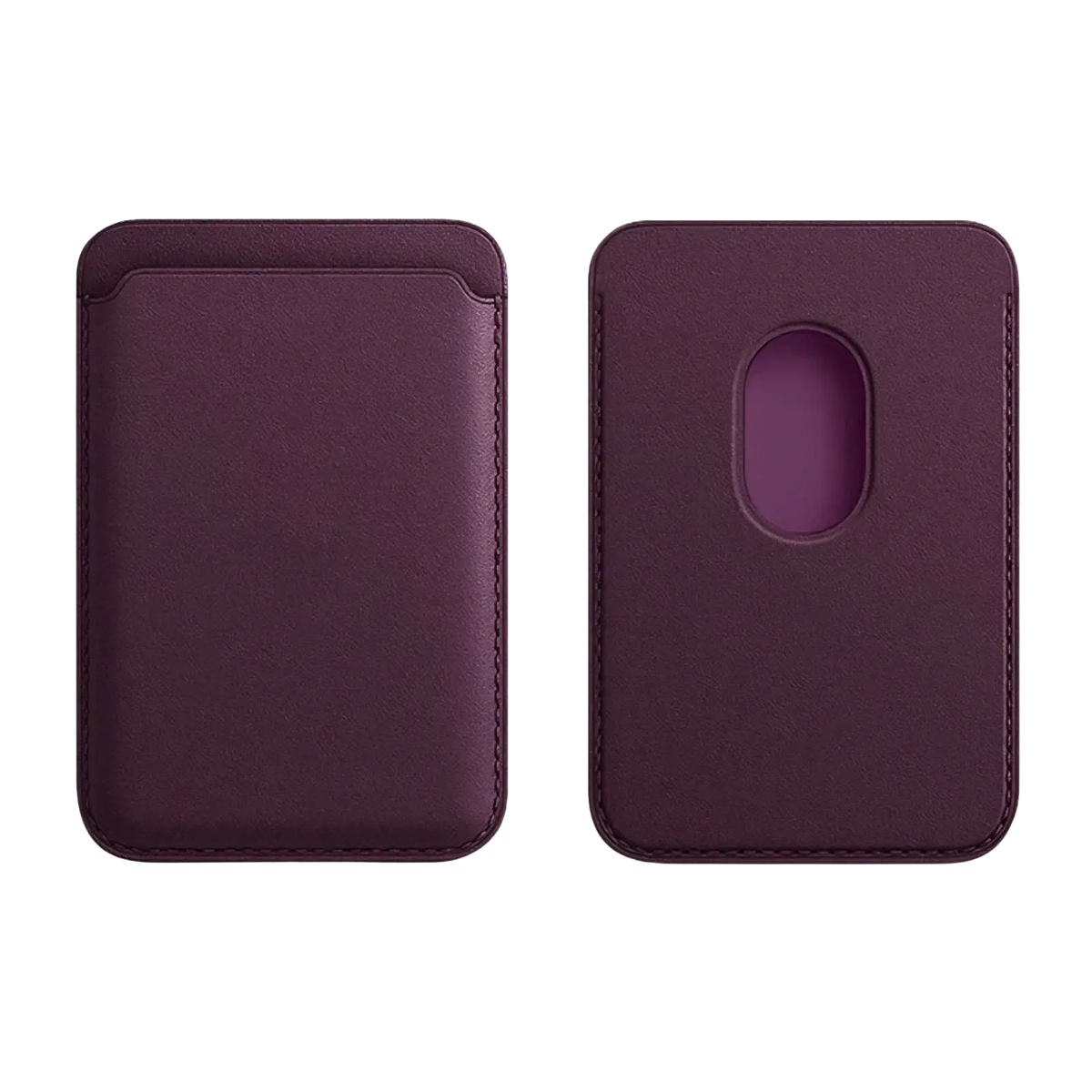 A sleek deep purple magnetic leather wallet phone case card holder with textured surface and stitched edges
