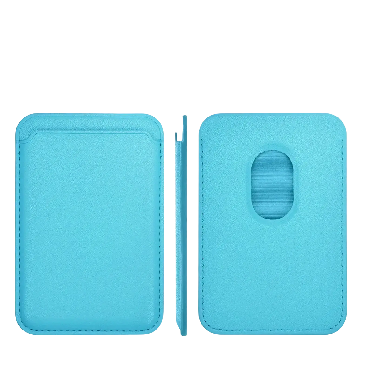 A sleek light blue leather magnetic wallet phone case card holder with oval cutout for easy card access