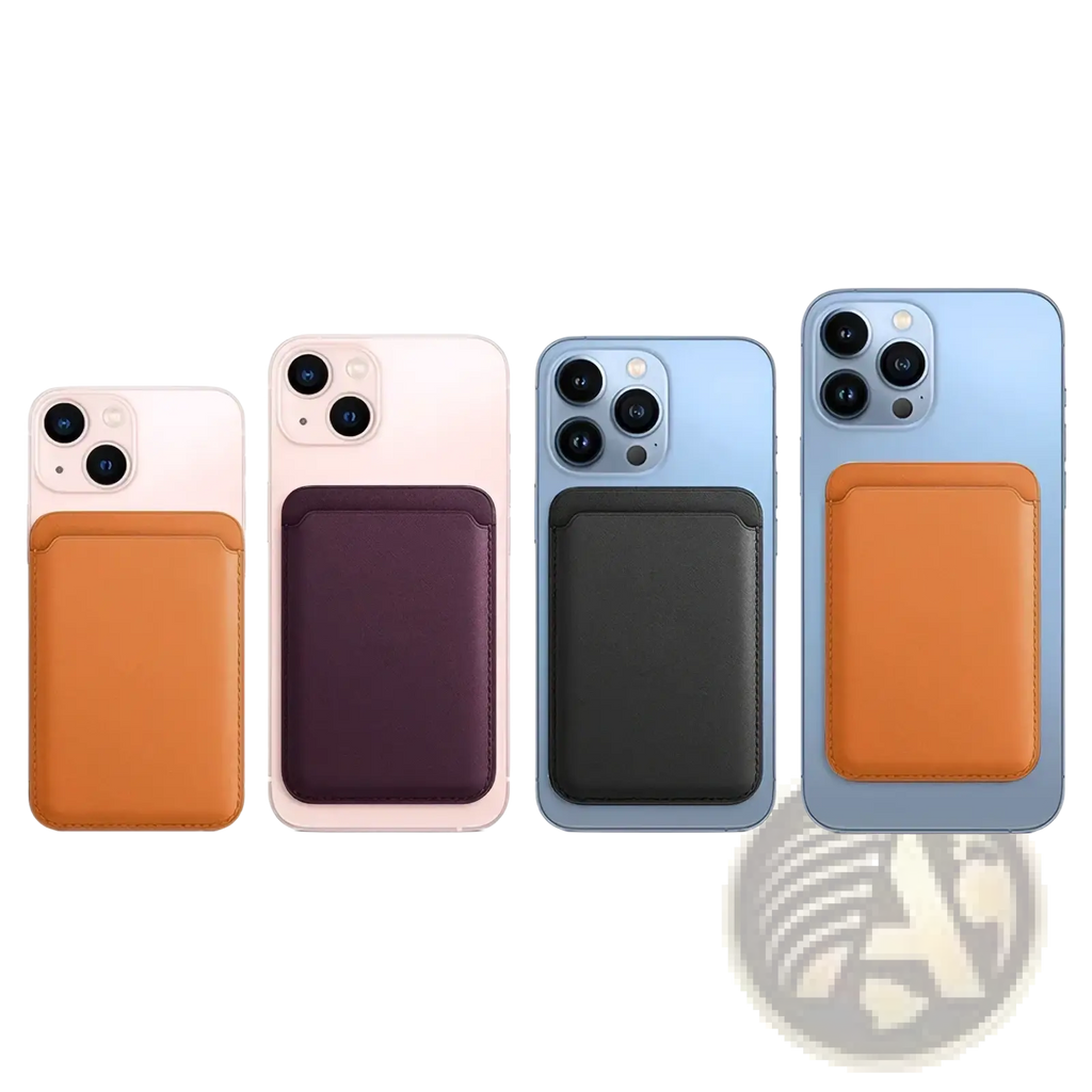Back view of a sleek minimalist magnetic leather wallet phone case card holder in tan purple black and orange tones attached to smartphone