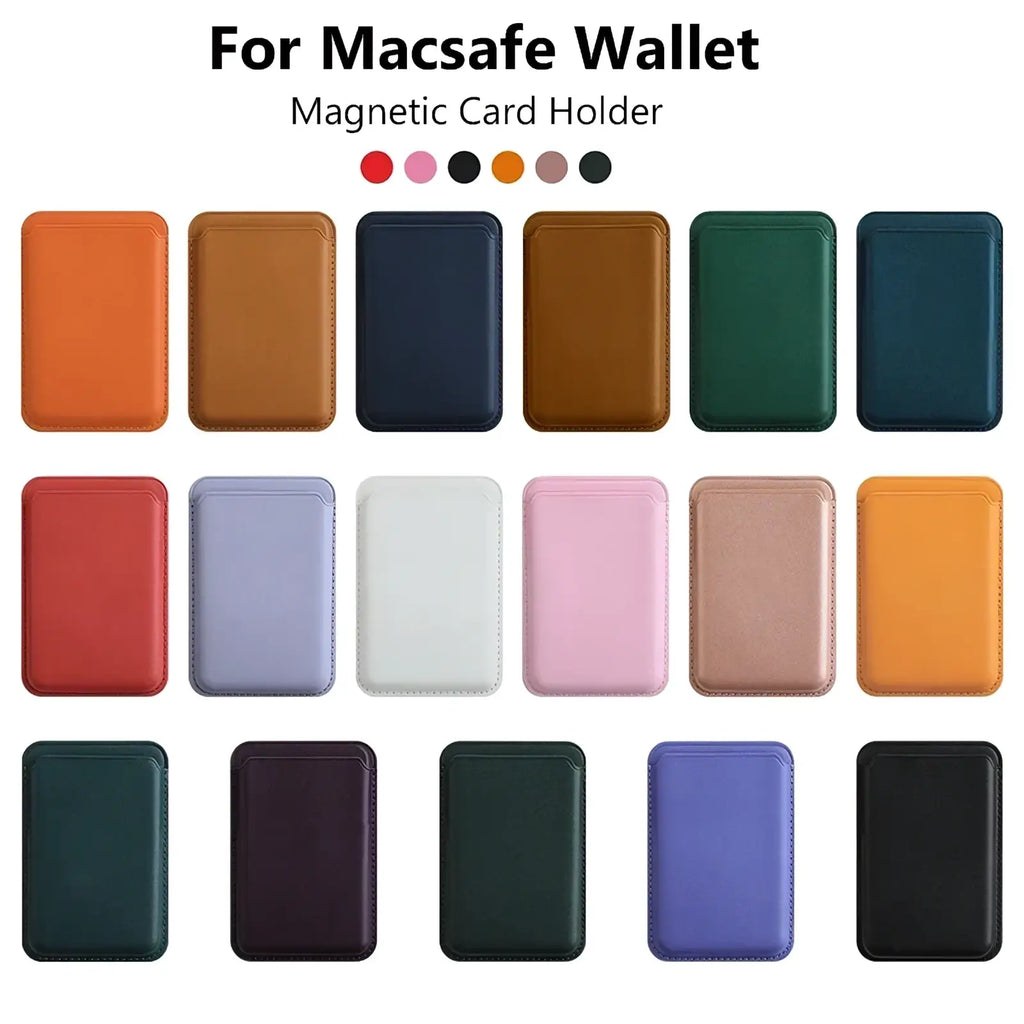 A sleek minimalist magnetic leather wallet phone case card holder in vibrant and neutral colors