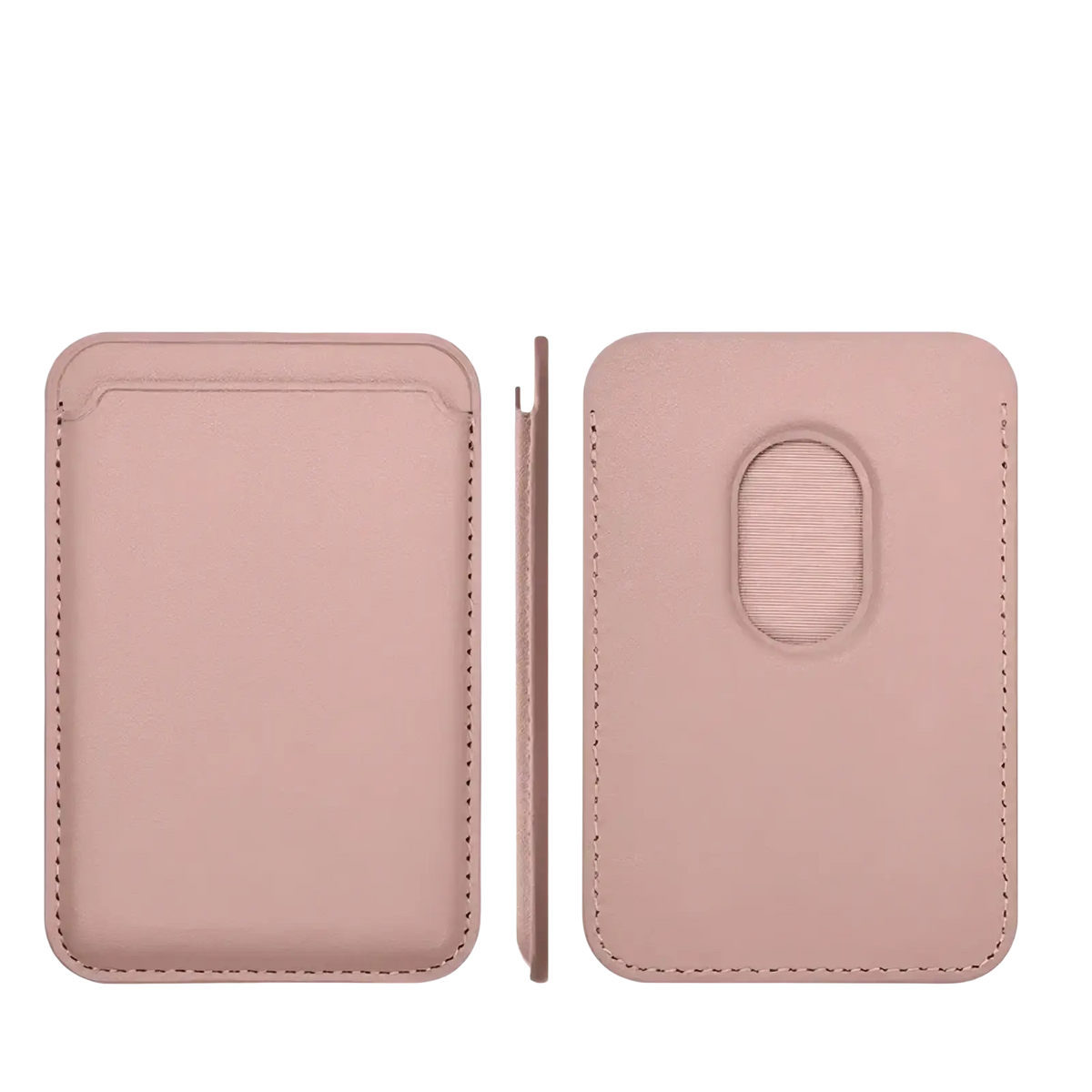 A sleek rose gold leather card holder with magnetic closure and oval grip on the back side of the wallet case
