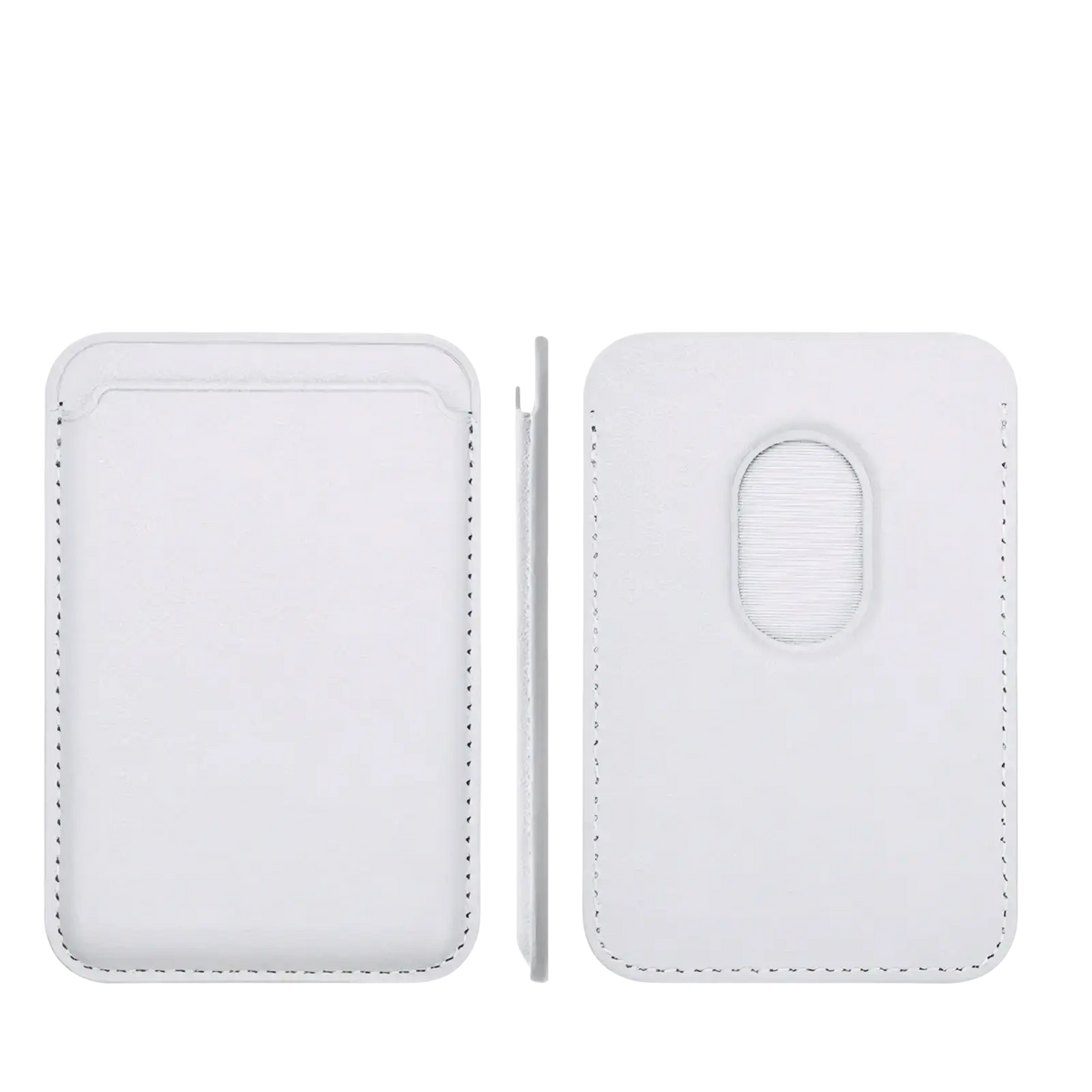 White leather magnetic wallet card holder with magnetic closure and oval cutout for magsafe compatibility
