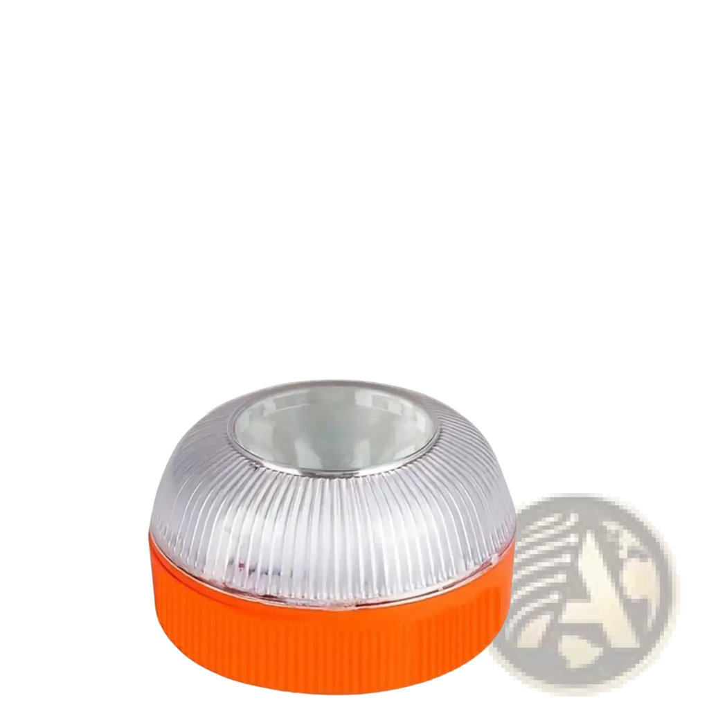Magnetic led car emergency strobe light beacon with orange and clear ribbed dome illuminating road at night