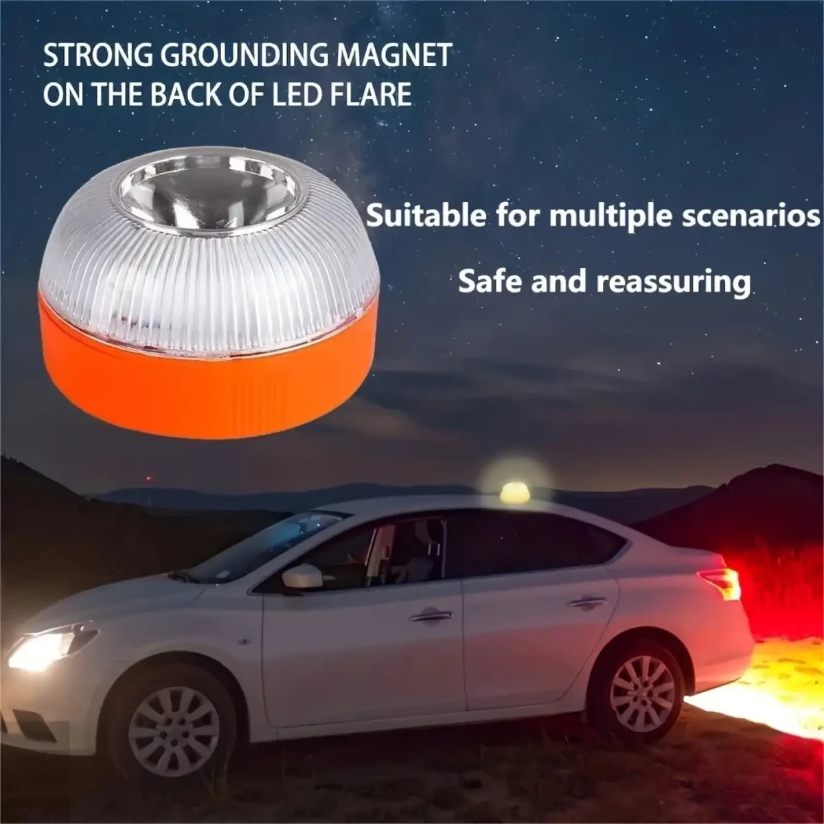 Image of the back side of a magnetic led car emergency strobe light beacon with orange and clear led flare and strong grounding magnet