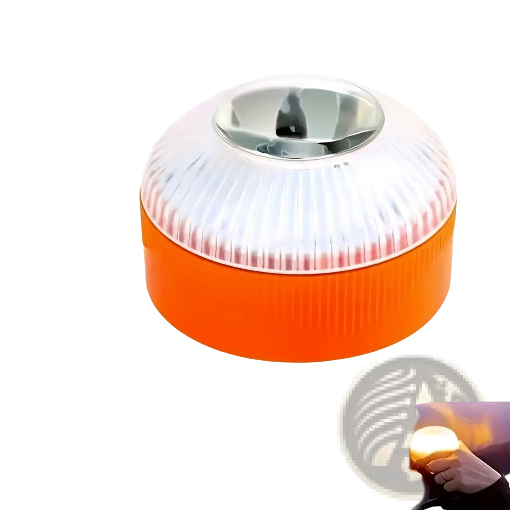 Magnetic led car emergency strobe light beacon with orange and white ribbed translucent dome and metallic center