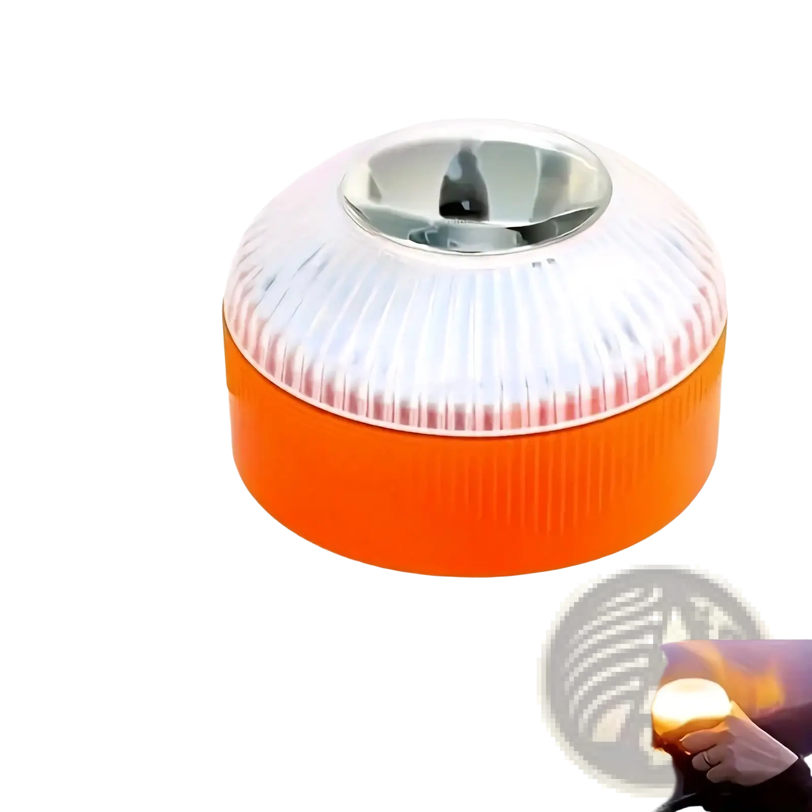 Magnetic led car emergency strobe light beacon with orange and white ribbed translucent dome and metallic center