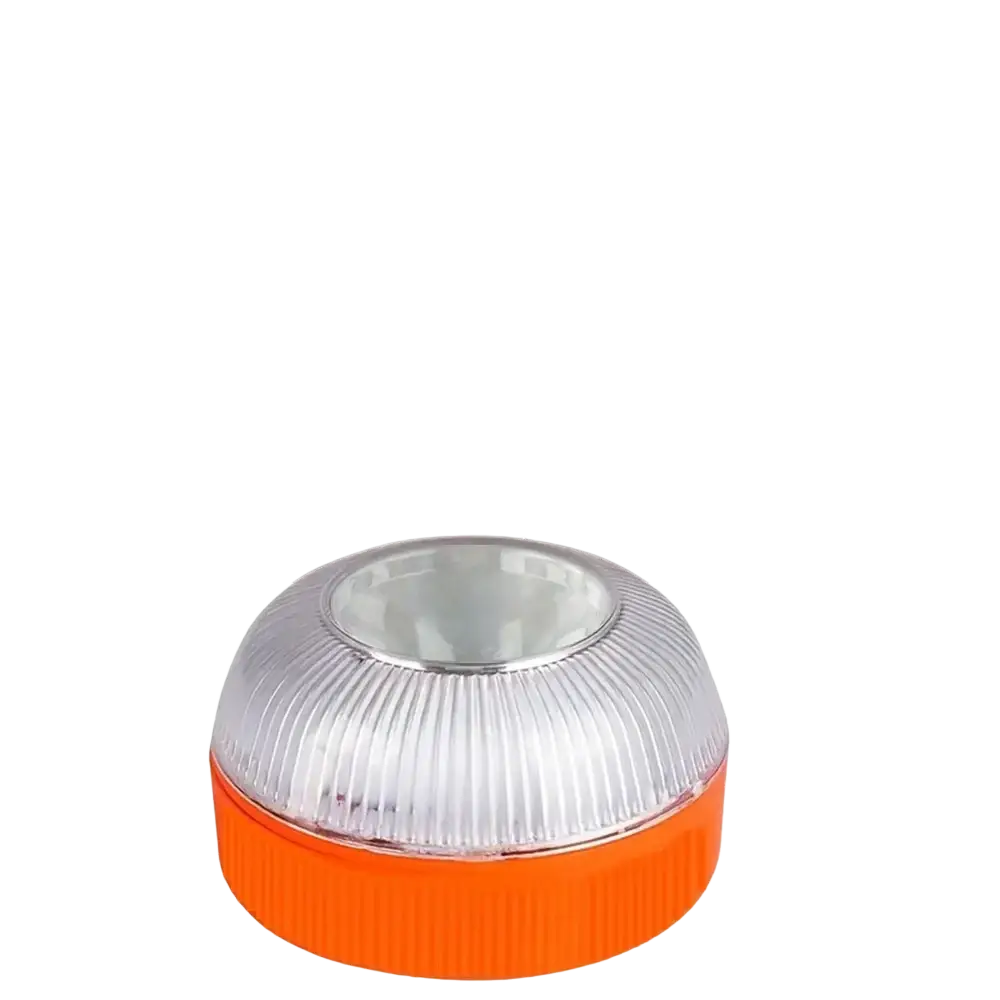 Magnetic led car emergency strobe light beacon with orange and clear ribbed dome illuminating road at night