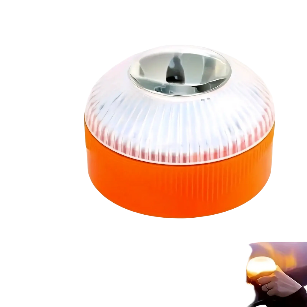 Magnetic led car emergency strobe light beacon with orange and white ribbed translucent dome and metallic center