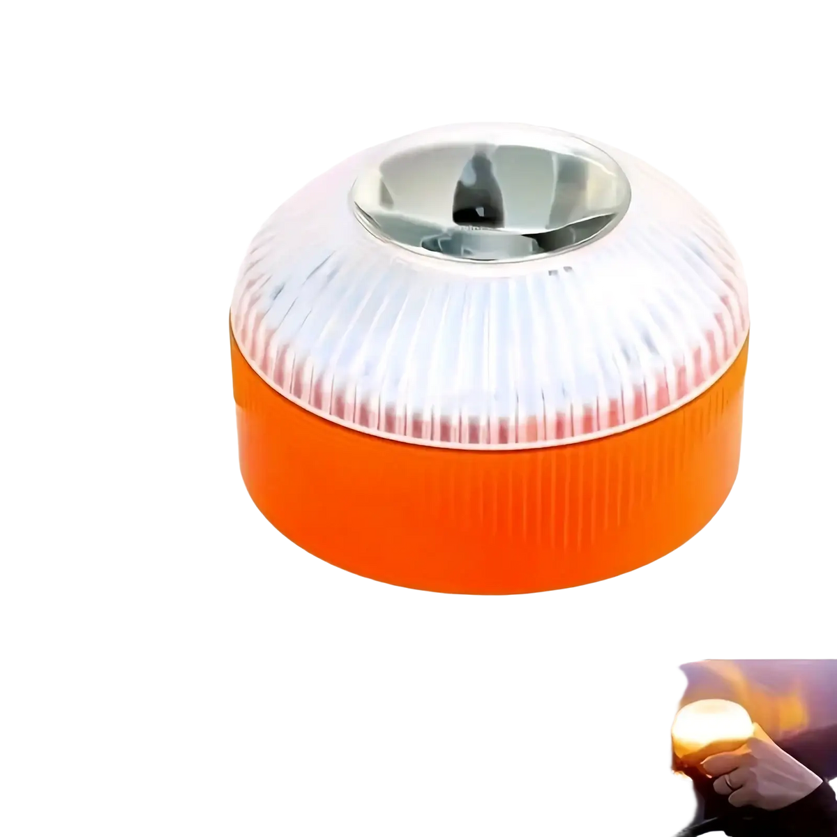 Magnetic led car emergency strobe light beacon with orange and white ribbed translucent dome and metallic center