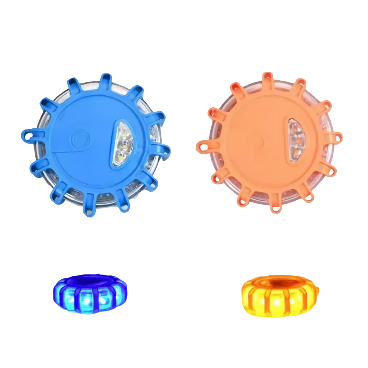 Magnetic led roadside emergency strobe light with blue and orange circular segmented design for warning use