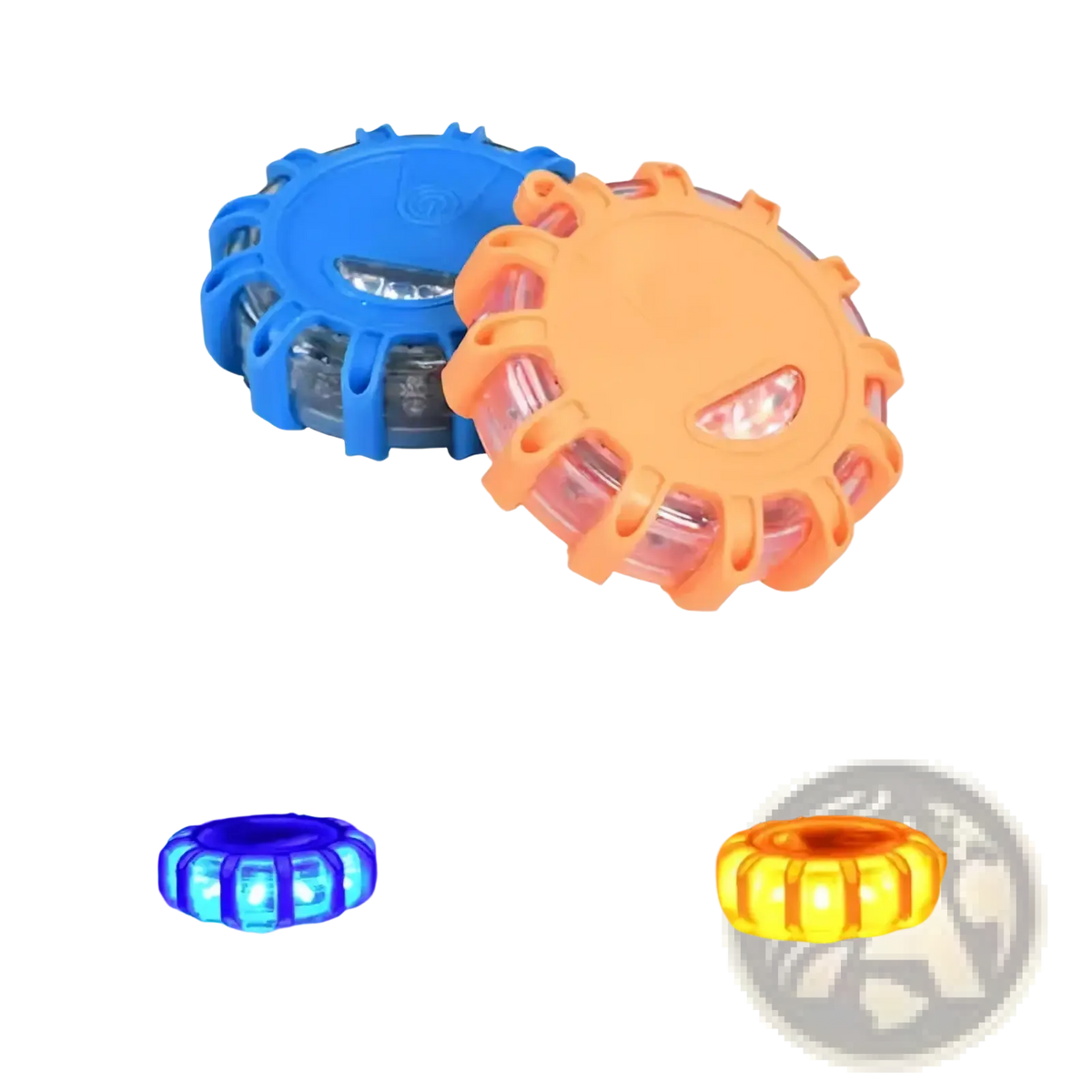 Magnetic led roadside emergency strobe light with blue and orange circular flashers and rugged segmented plastic design
