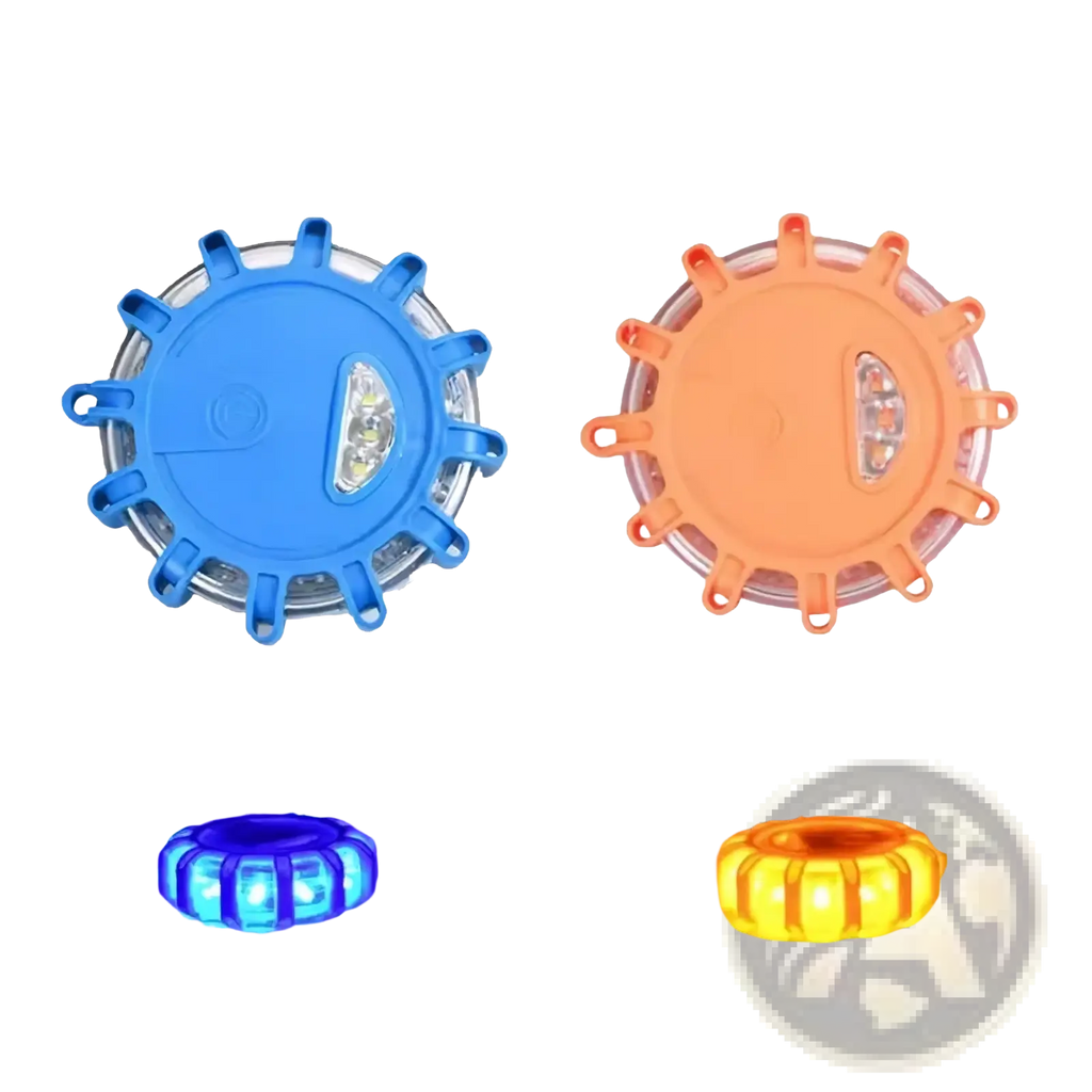 Magnetic led roadside emergency strobe light with blue and orange circular segmented design for warning use