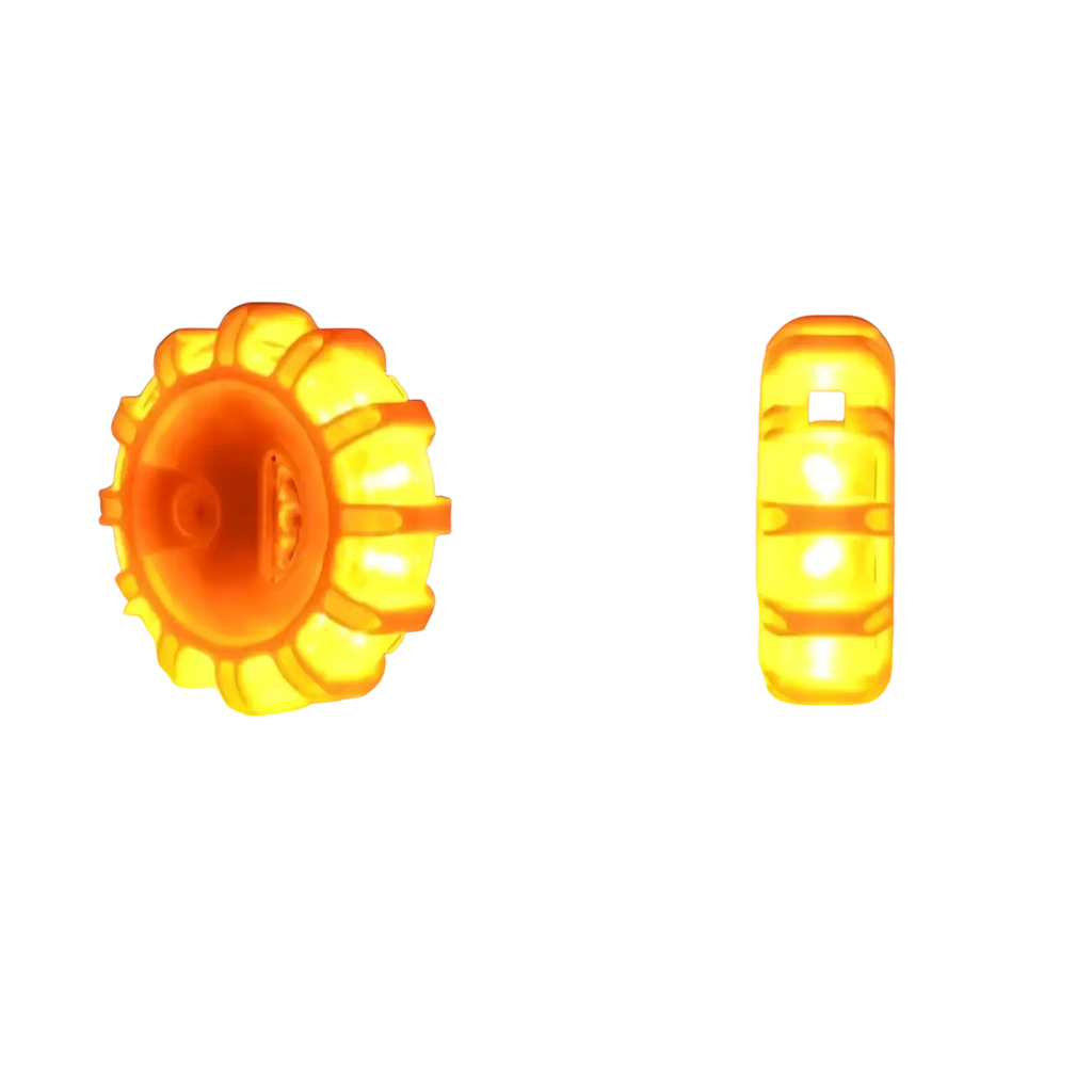 Magnetic led roadside emergency strobe light featuring bright orange circular sunburst and rectangular three segment bars