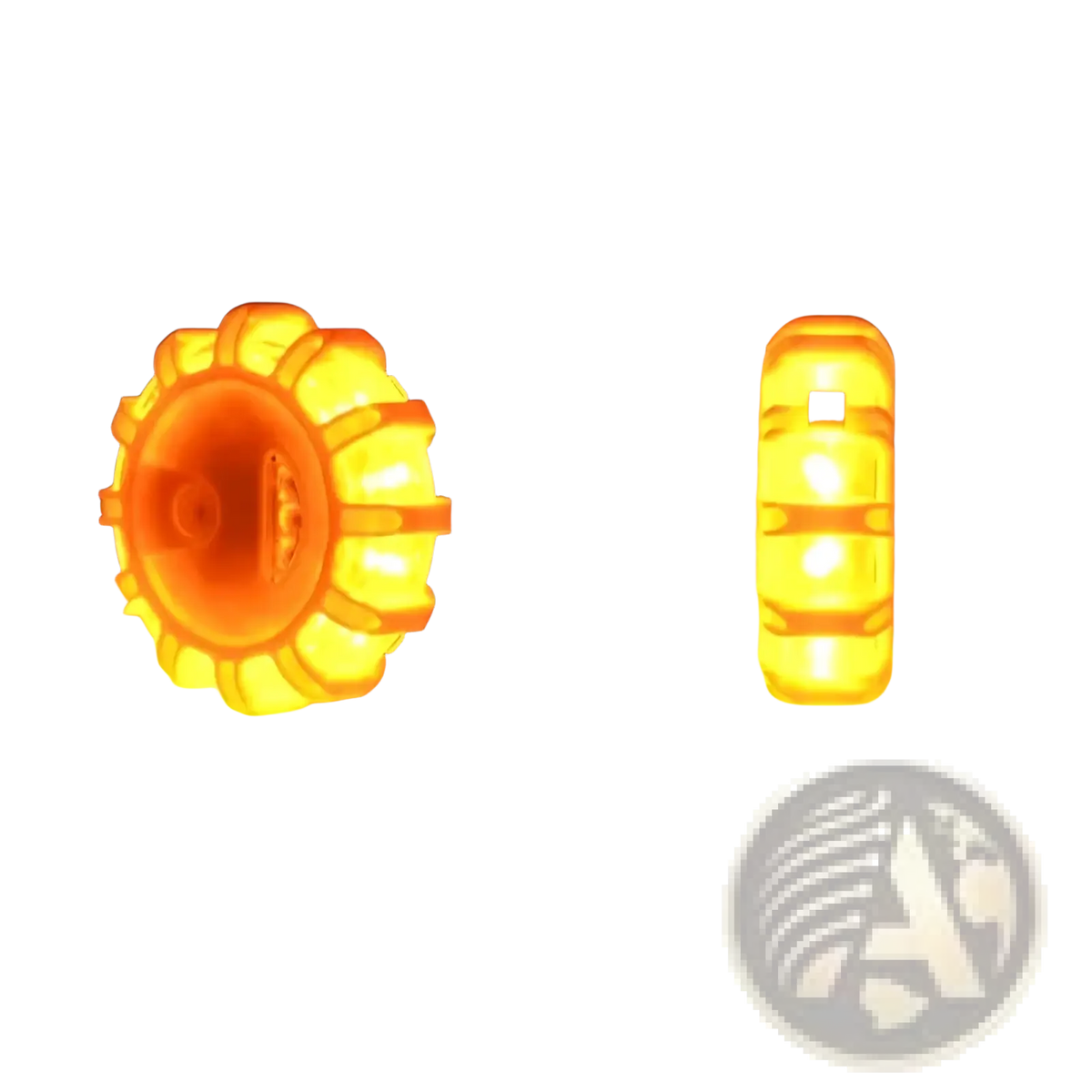 Magnetic led roadside emergency strobe light featuring bright orange circular sunburst and rectangular three segment bars