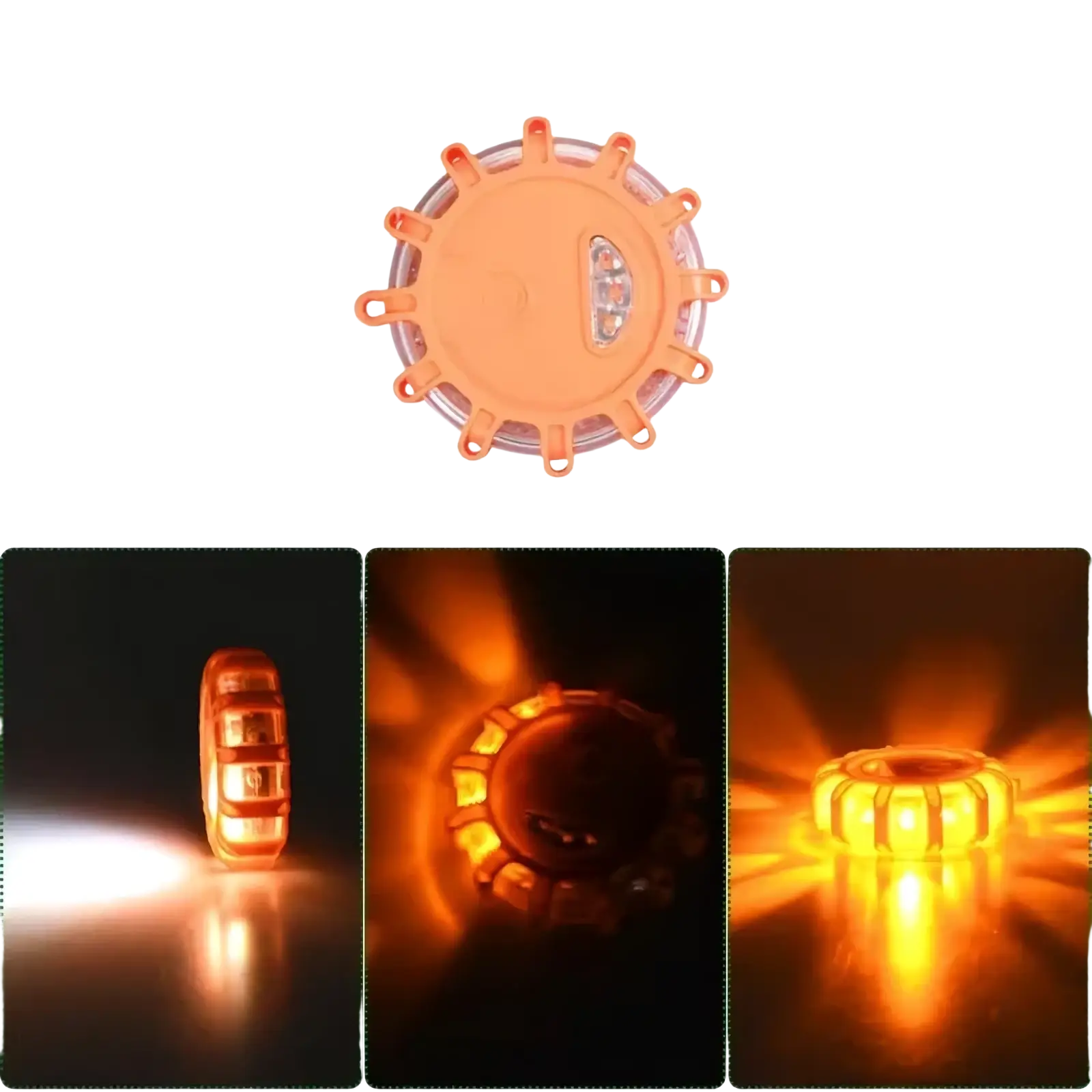Orange magnetic led roadside emergency strobe light with circular reflective surface and bright led bulbs for safety use