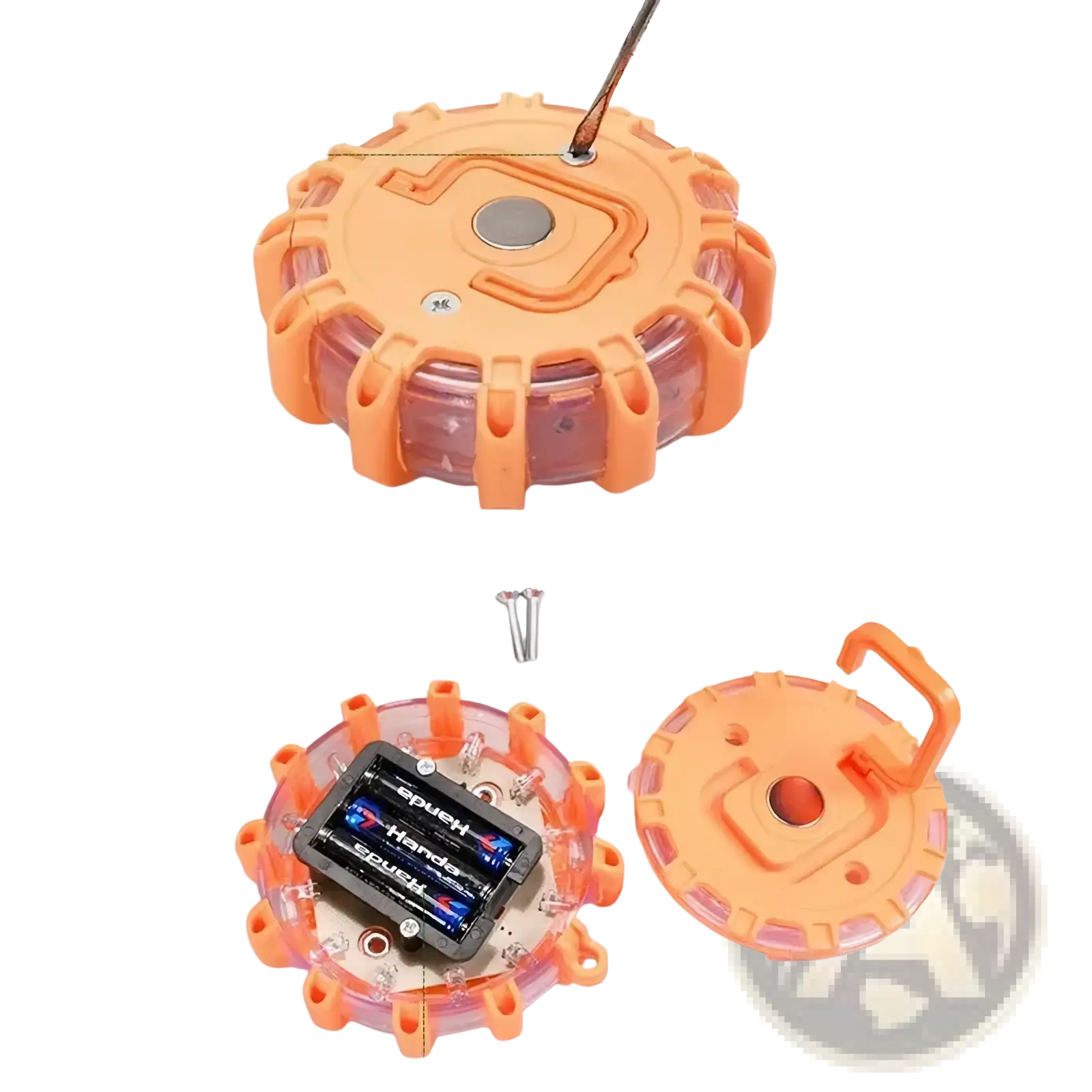 Orange plastic magnetic led roadside emergency strobe light with clear translucent sections and central metal disc