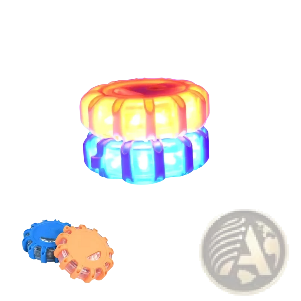 Magnetic led roadside emergency strobe light with vibrant orange and blue circular segmented flashing design