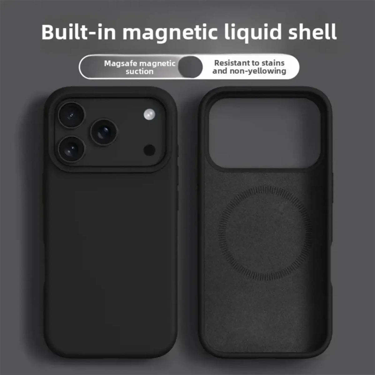 Black magnetic liquid silicone case with magsafe suction shown from the back for iphone 17 pro max