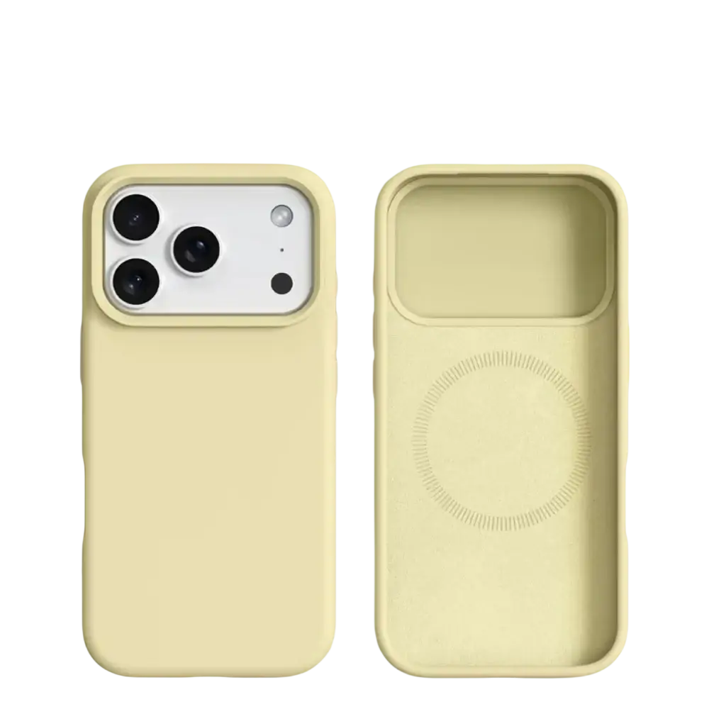 Cream-colored silicone magnetic liquid case for iPhone 17 Pro Max showing back side with MagSafe compatibility