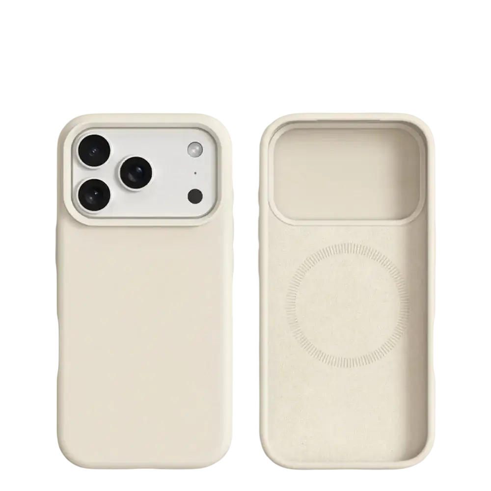 Cream-colored silicone magnetic liquid case for iPhone 17 Pro Max shown from the back with MagSafe suction