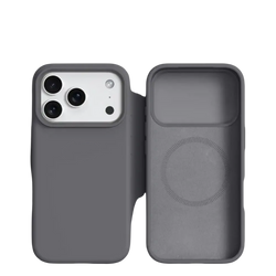 Gray silicone phone case with built-in magnetic liquid shell for magsafe compatibility for iphone 17 pro max back view