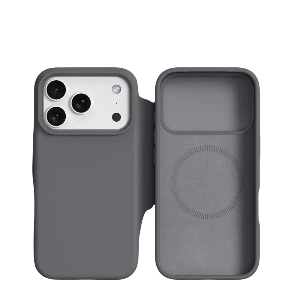 Gray silicone phone case with built-in magnetic liquid shell for magsafe compatibility for iphone 17 pro max back view