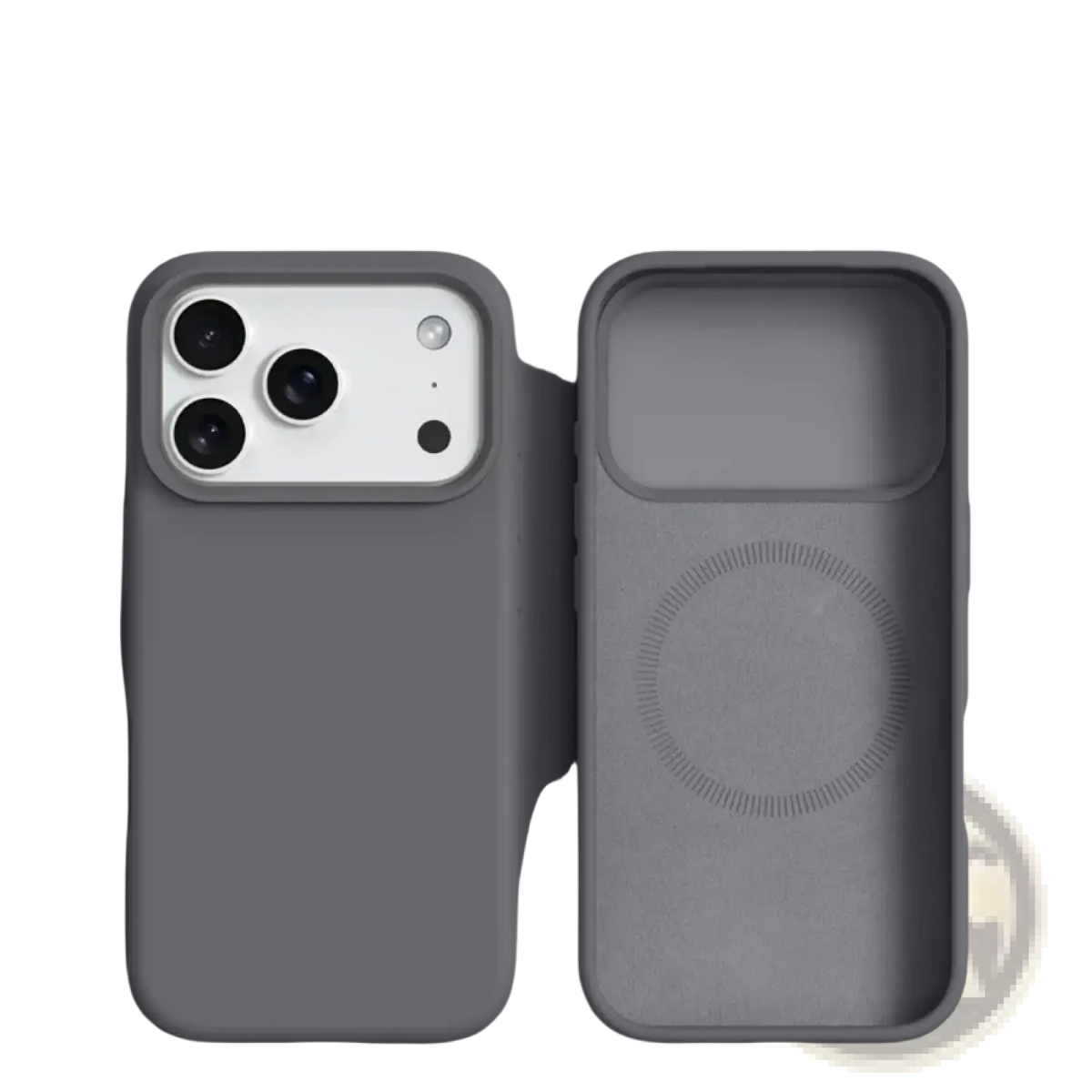 Gray silicone phone case with built-in magnetic liquid shell for magsafe compatibility for iphone 17 pro max back view