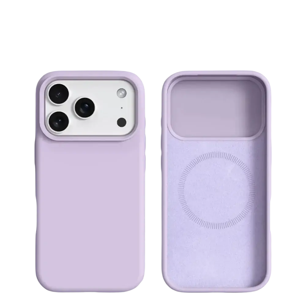 Back of a lavender magnetic liquid silicone case for iPhone 17 Pro Max with built-in magnetic liquid shell for magsafe