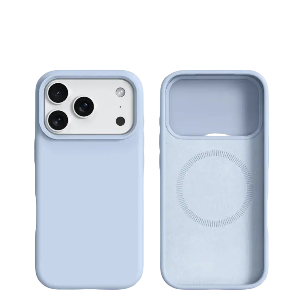 Light blue silicone phone case with built-in magnetic liquid shell and magsafe compatibility shown from the back side