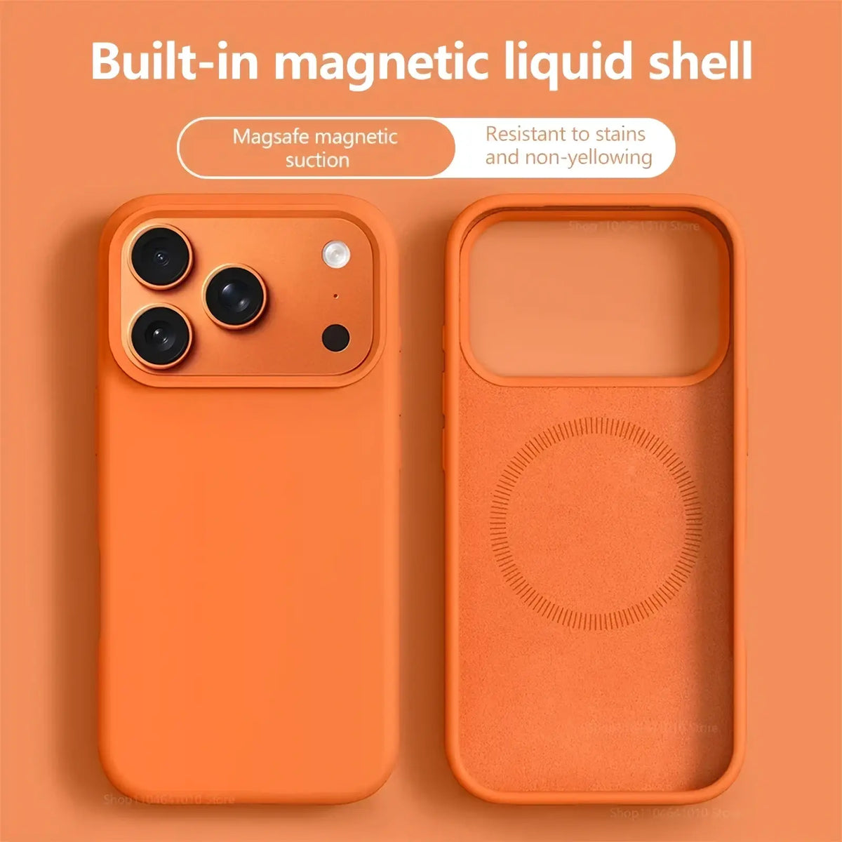 Orange silicone magnetic liquid case for iPhone 17 Pro Max showing back side with MagSafe suction feature