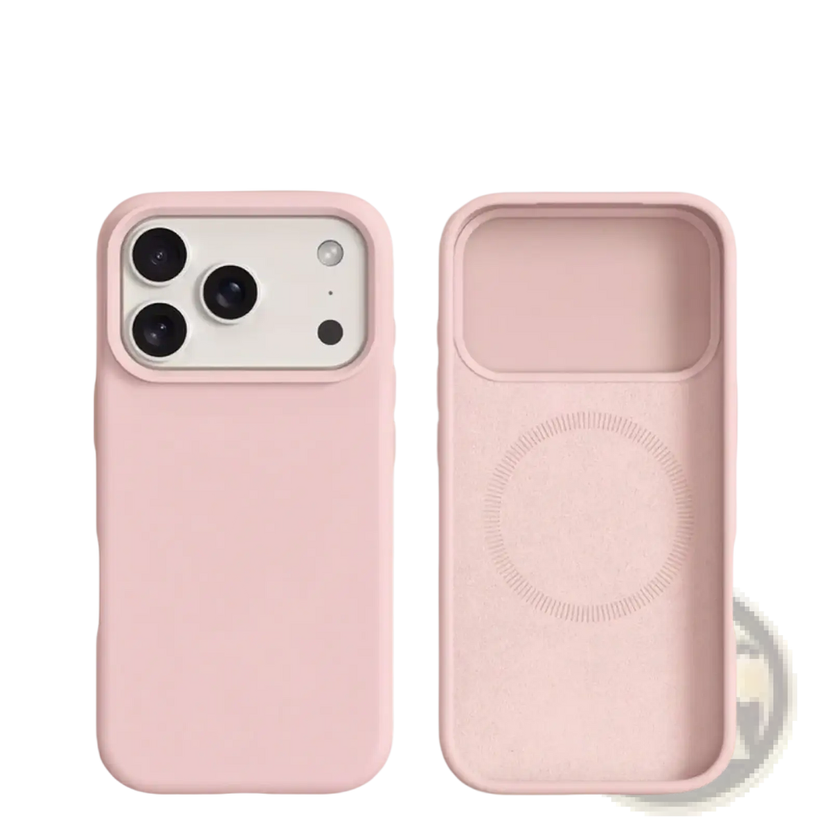 Pink silicone magnetic liquid case for iphone 17 pro max showing back side with magsafe suction design