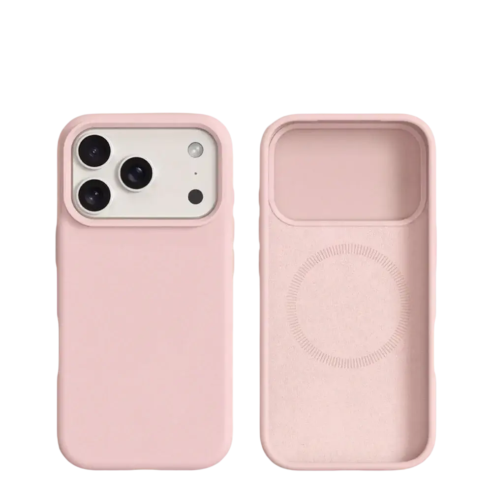 Pink silicone magnetic liquid case for iphone 17 pro max showing back side with magsafe suction design