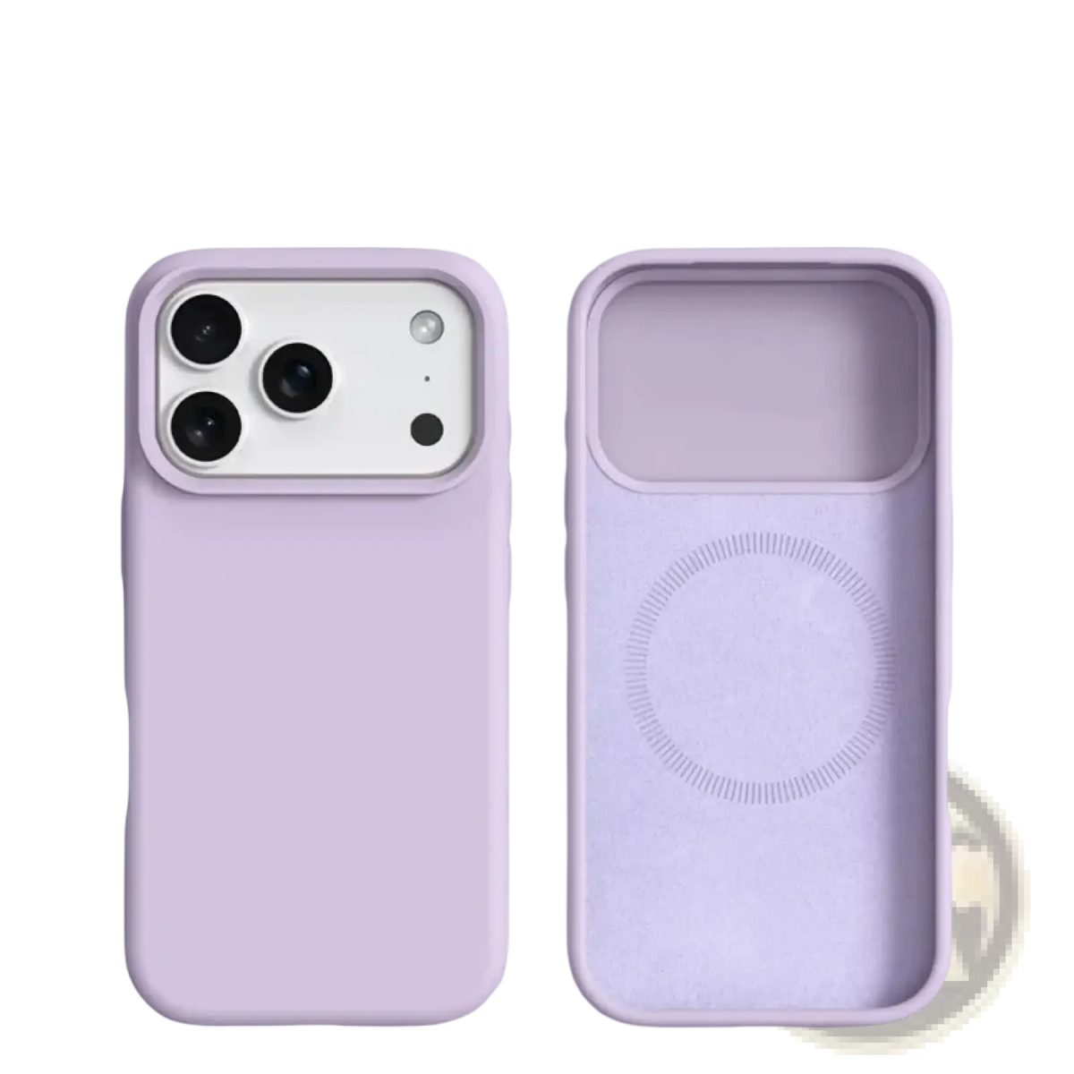 Back of a lavender magnetic liquid silicone case for iPhone 17 Pro Max with built-in magnetic liquid shell for magsafe