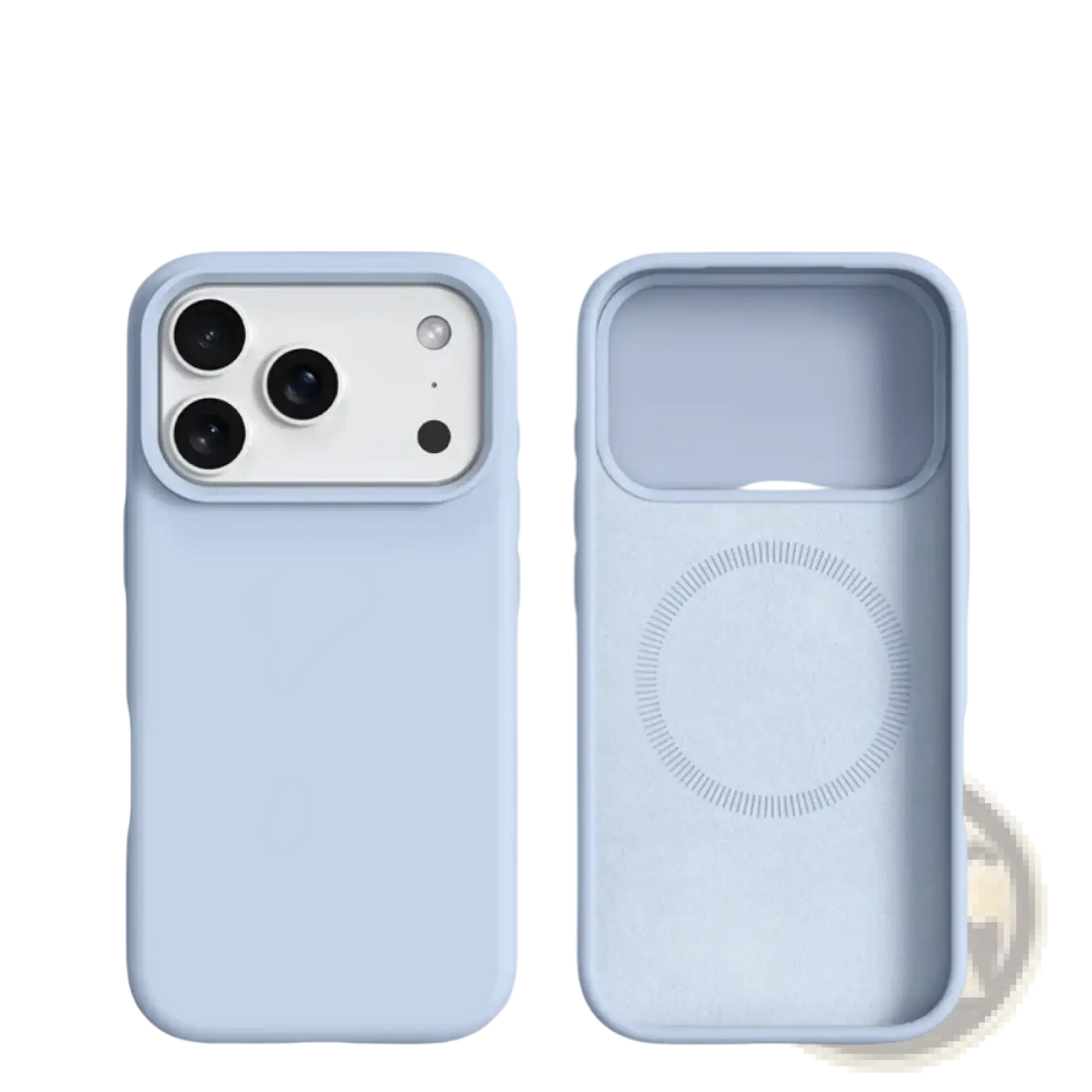 Light blue silicone phone case with built-in magnetic liquid shell and magsafe compatibility shown from the back side