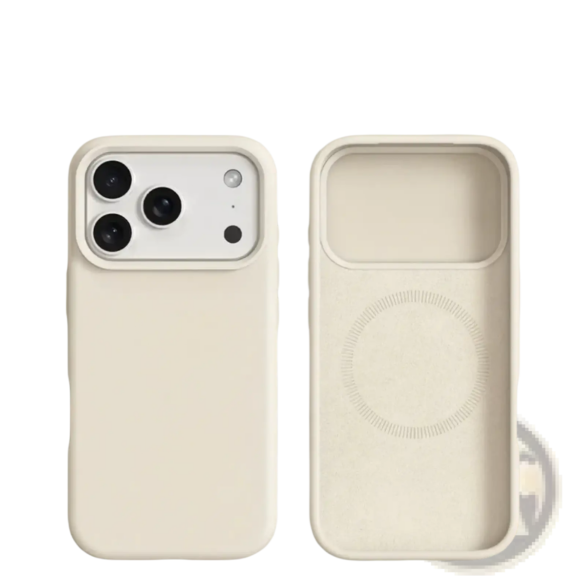 Cream-colored silicone magnetic liquid case for iPhone 17 Pro Max shown from the back with MagSafe suction