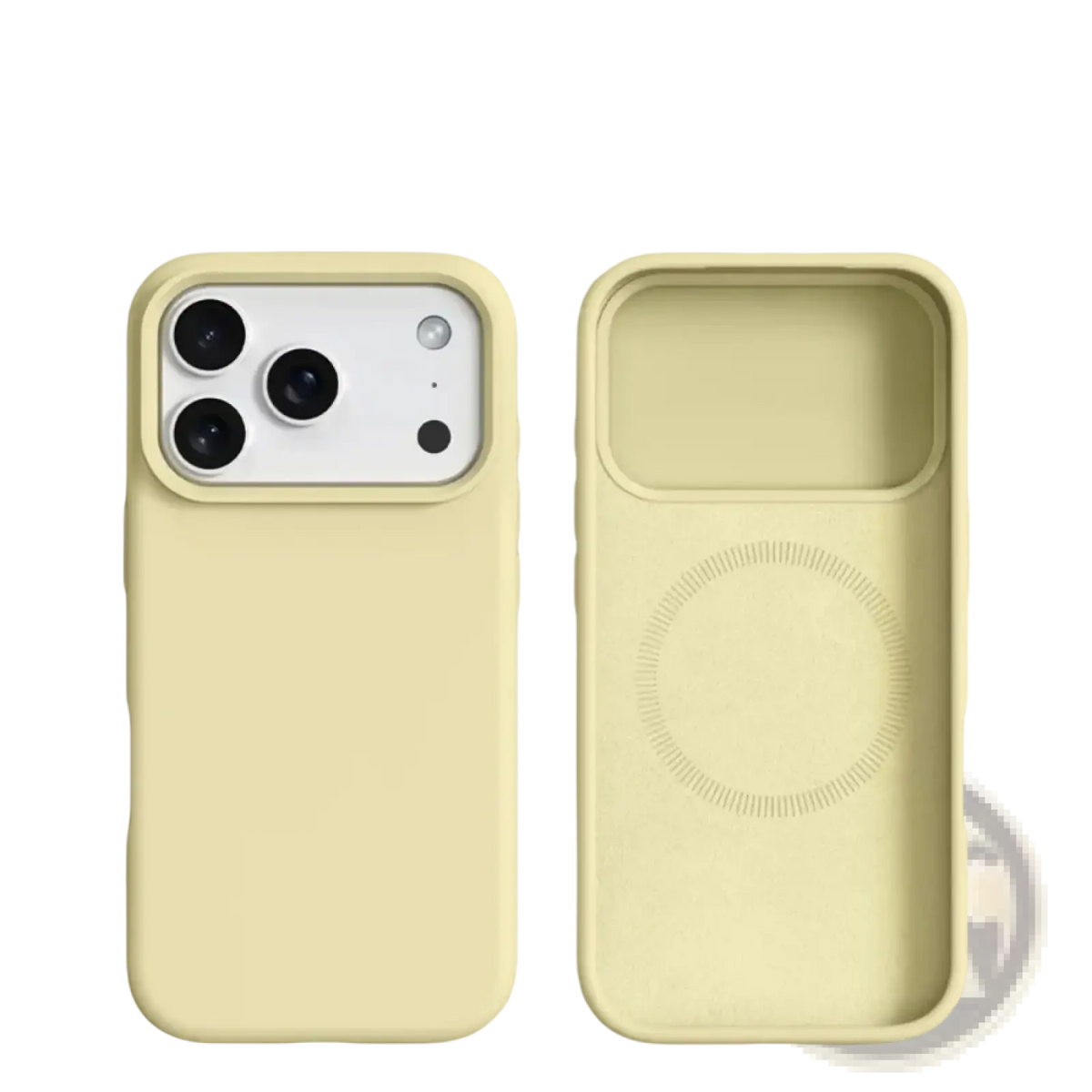 Cream-colored silicone magnetic liquid case for iPhone 17 Pro Max showing back side with MagSafe compatibility
