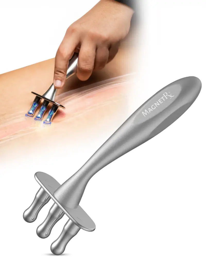 Silver metallic Magnetrx stainless steel magnetic meridian massage roller with three prongs and blue-tipped heads