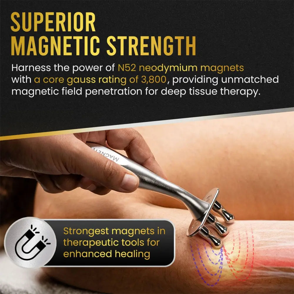 Silver metallic stainless steel magnetic roller with multiple n52 neodymium magnets for deep tissue therapy