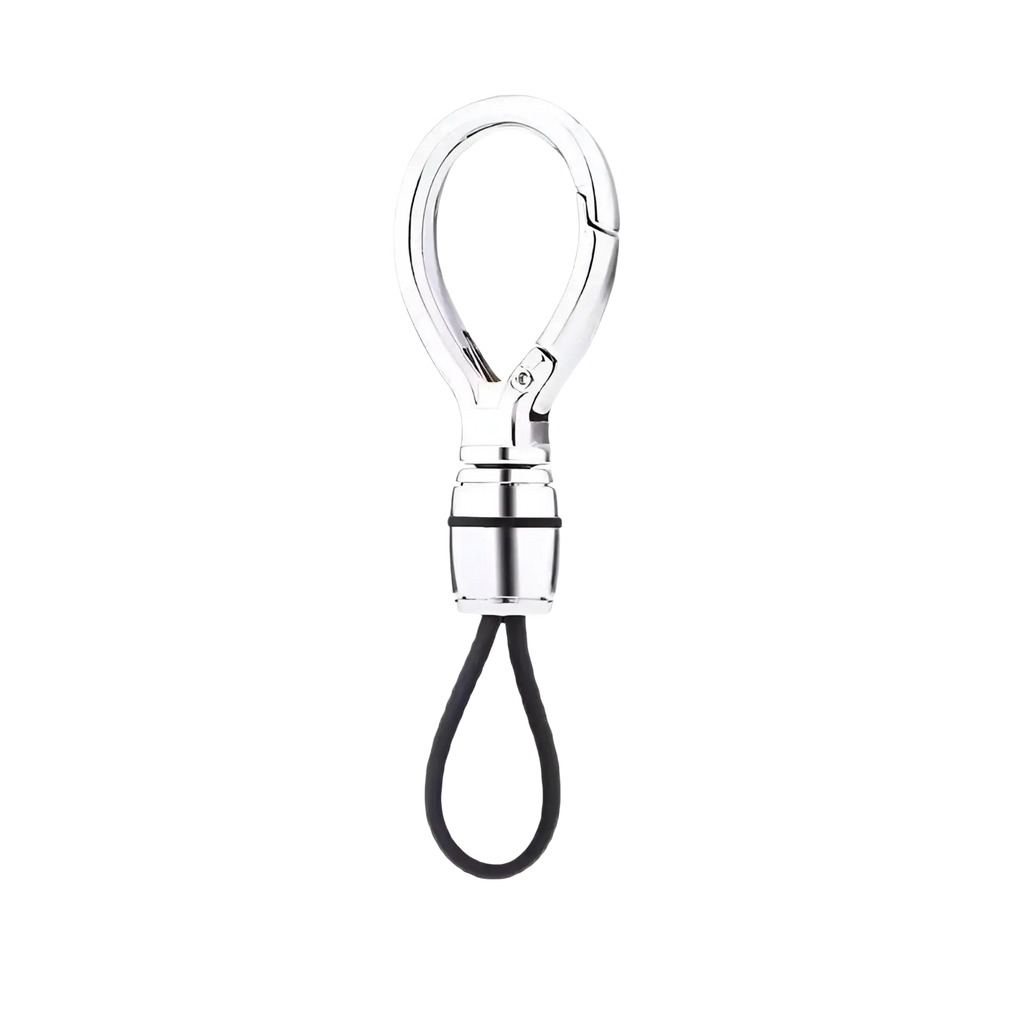 Silver magnetic metal carabiner keychain with black rubber loop designed as an anti-lost key ring