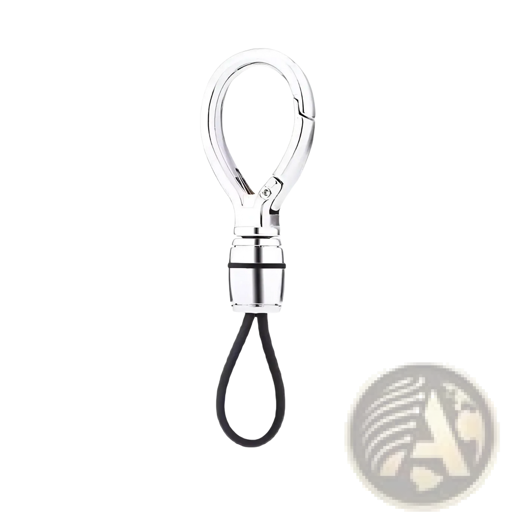 Silver magnetic metal carabiner keychain with black rubber loop designed as an anti-lost key ring