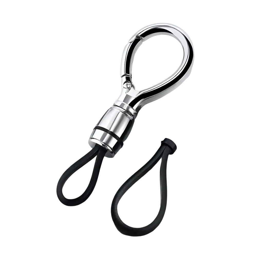 Silver magnetic metal carabiner keychain with black rubber loops for anti-lost use and secure key holding