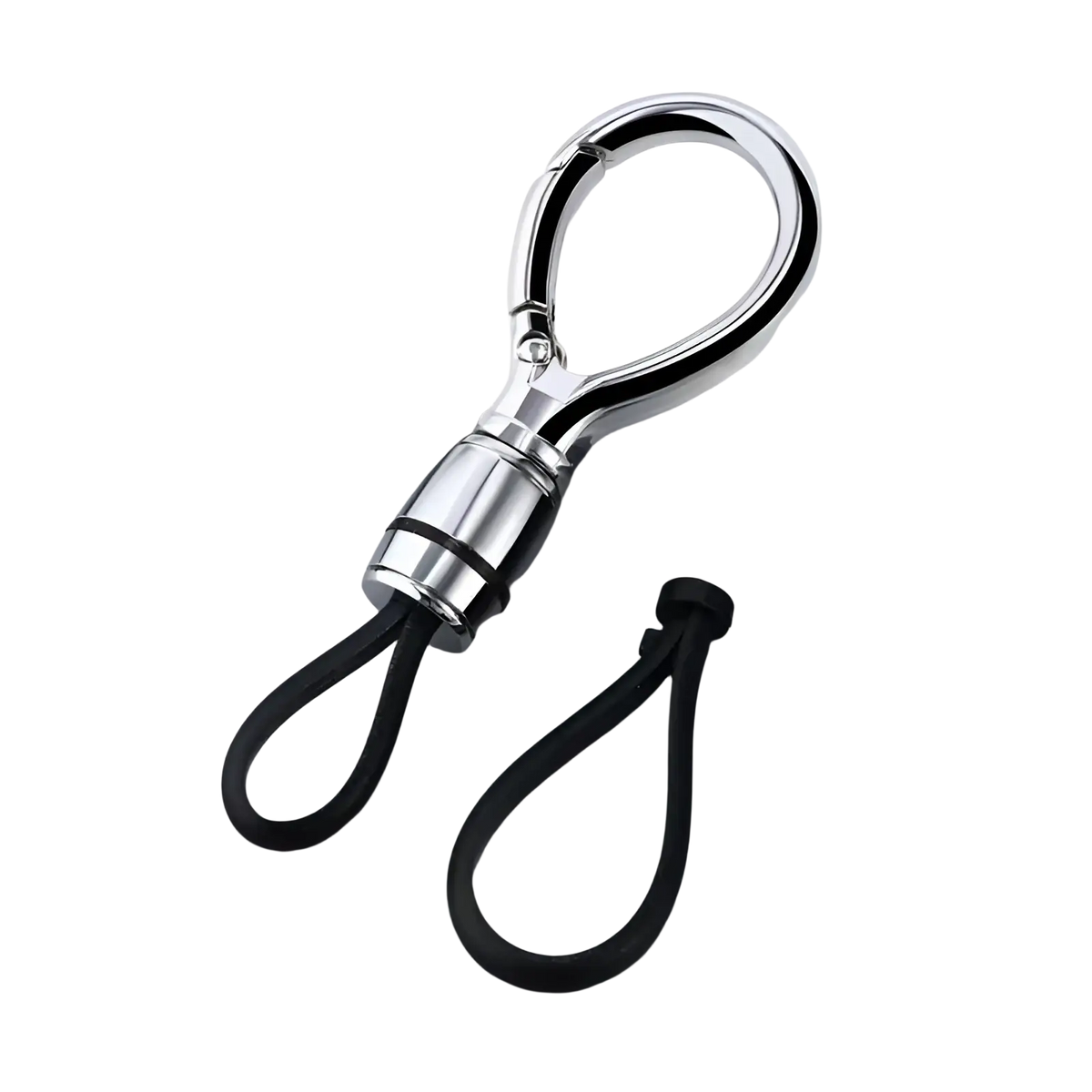 Silver magnetic metal carabiner keychain with black rubber loops designed as an anti-lost key ring