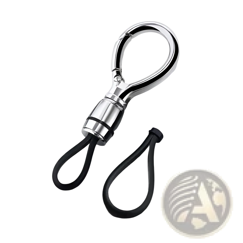 Silver magnetic metal carabiner keychain with black rubber loops for anti-lost use and secure key holding