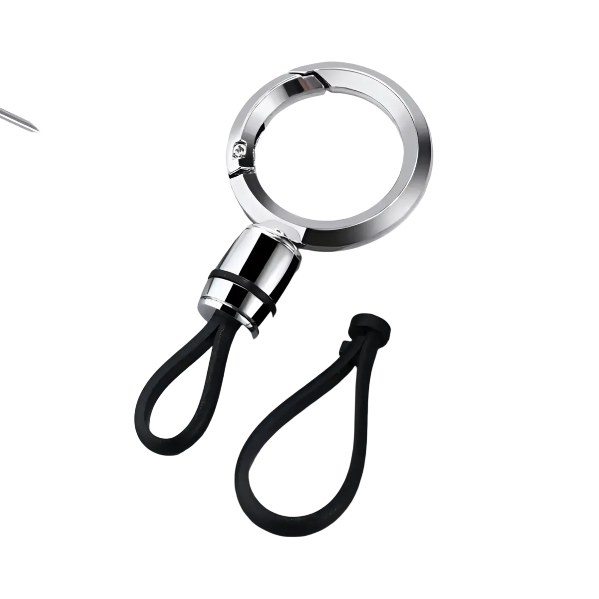 Silver metallic magnetic metal carabiner keychain with black rubber straps for anti-lost key ring use