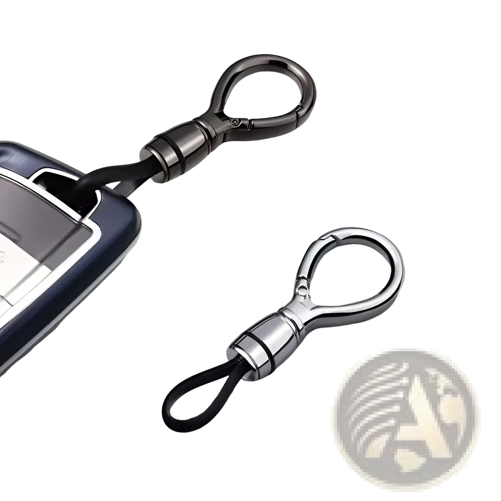 Silver-toned magnetic metal carabiner keychain with polished metal and black rubber strap for anti-lost use